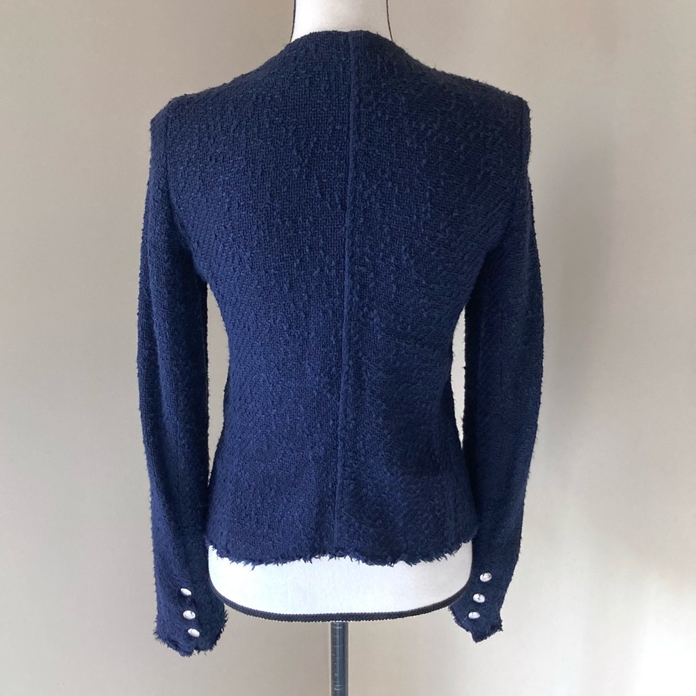 IRO Navy Blue Distressed Tweed Boucle Aggy Button Snap Zipper Jacket Size 8 - Picture 8 of 12